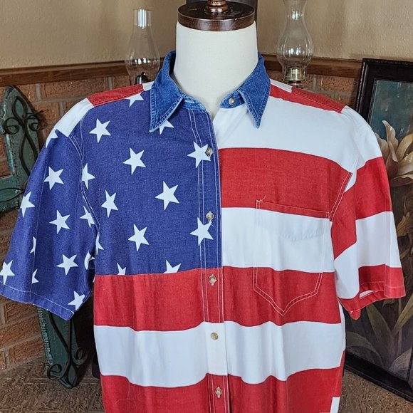 Quizz Again & Co. American Flag Patriotic Short Sleeve Shirt Size L - Picture 1 of 5